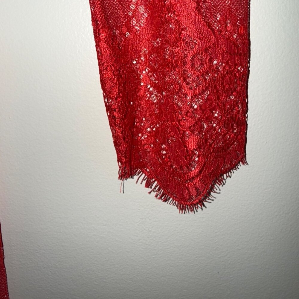 Sheer Red Lace Long-Sleeve Maxi Dress Deep V-Back By Fashion Nova Size M - Picture 7 of 7